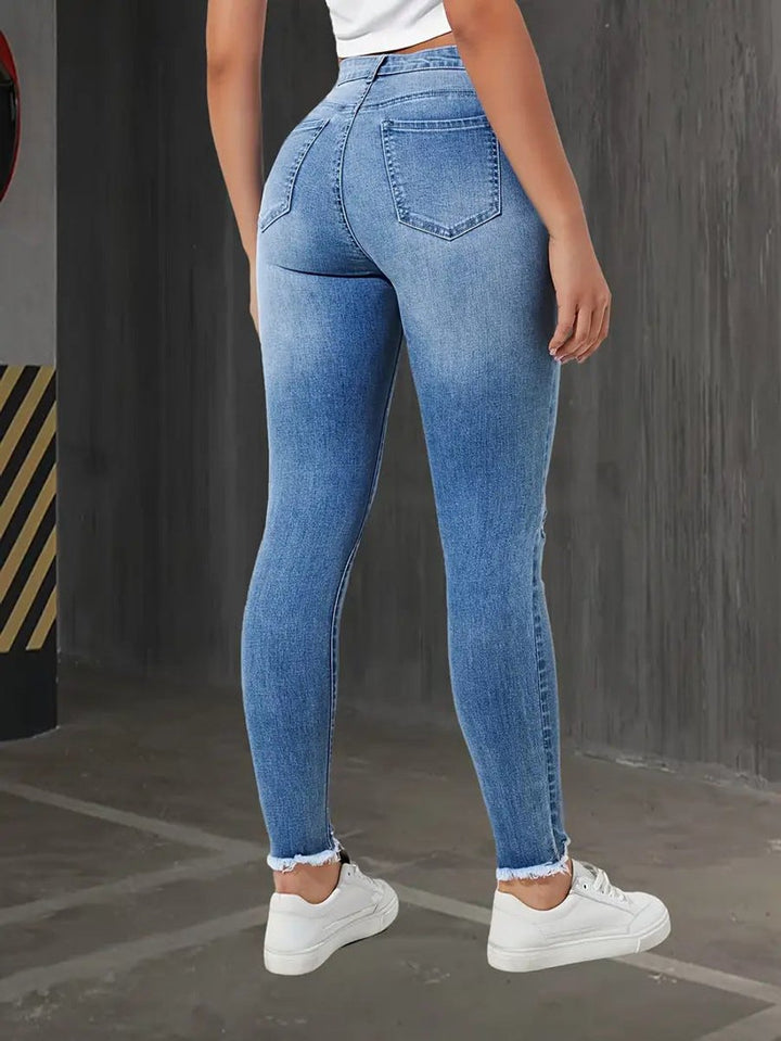 Women's High Waisted Ripped Skinny Jeans Raw Edge Distressed Denim