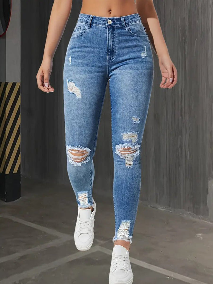 Women's High Waisted Ripped Skinny Jeans Raw Edge Distressed Denim