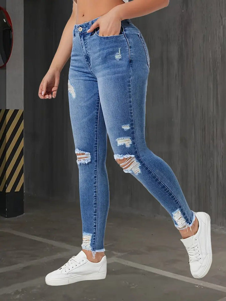 Women's High Waisted Ripped Skinny Jeans Raw Edge Distressed Denim