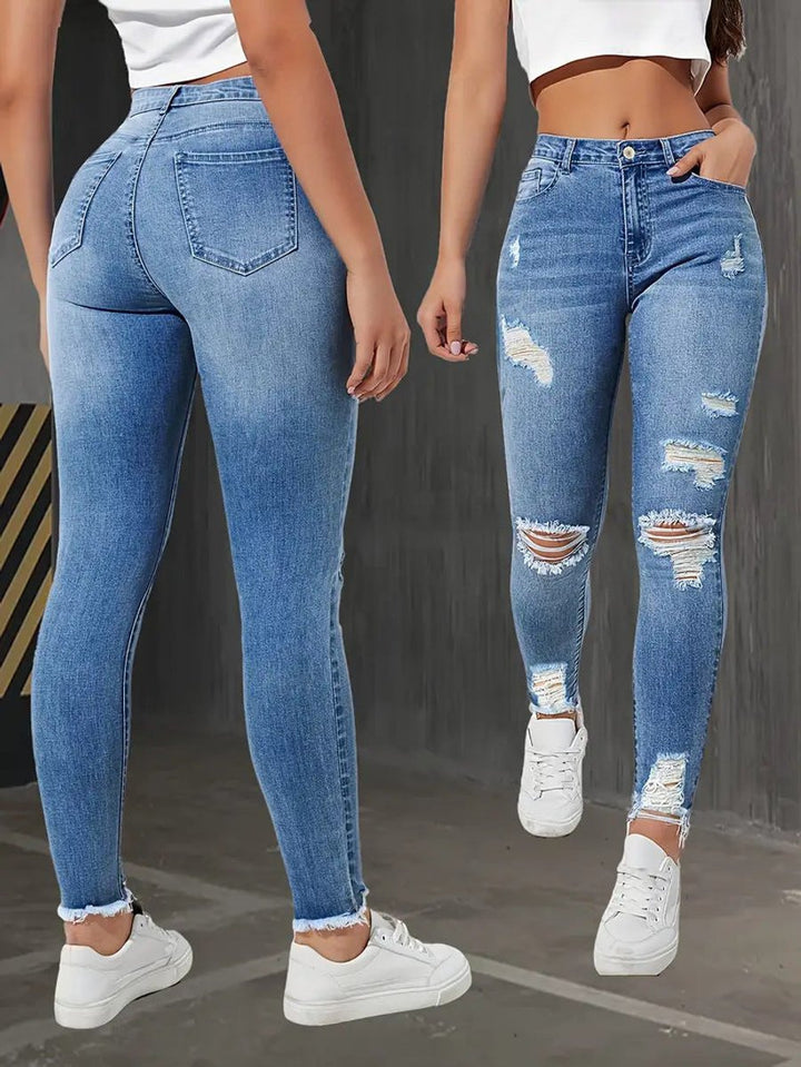 Women's High Waisted Ripped Skinny Jeans Raw Edge Distressed Denim