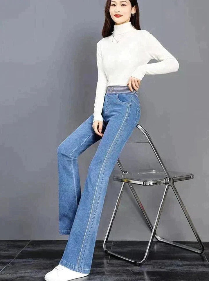 Women's High Waisted Stretch Flare Jeans Vintage Turtleneck Style
