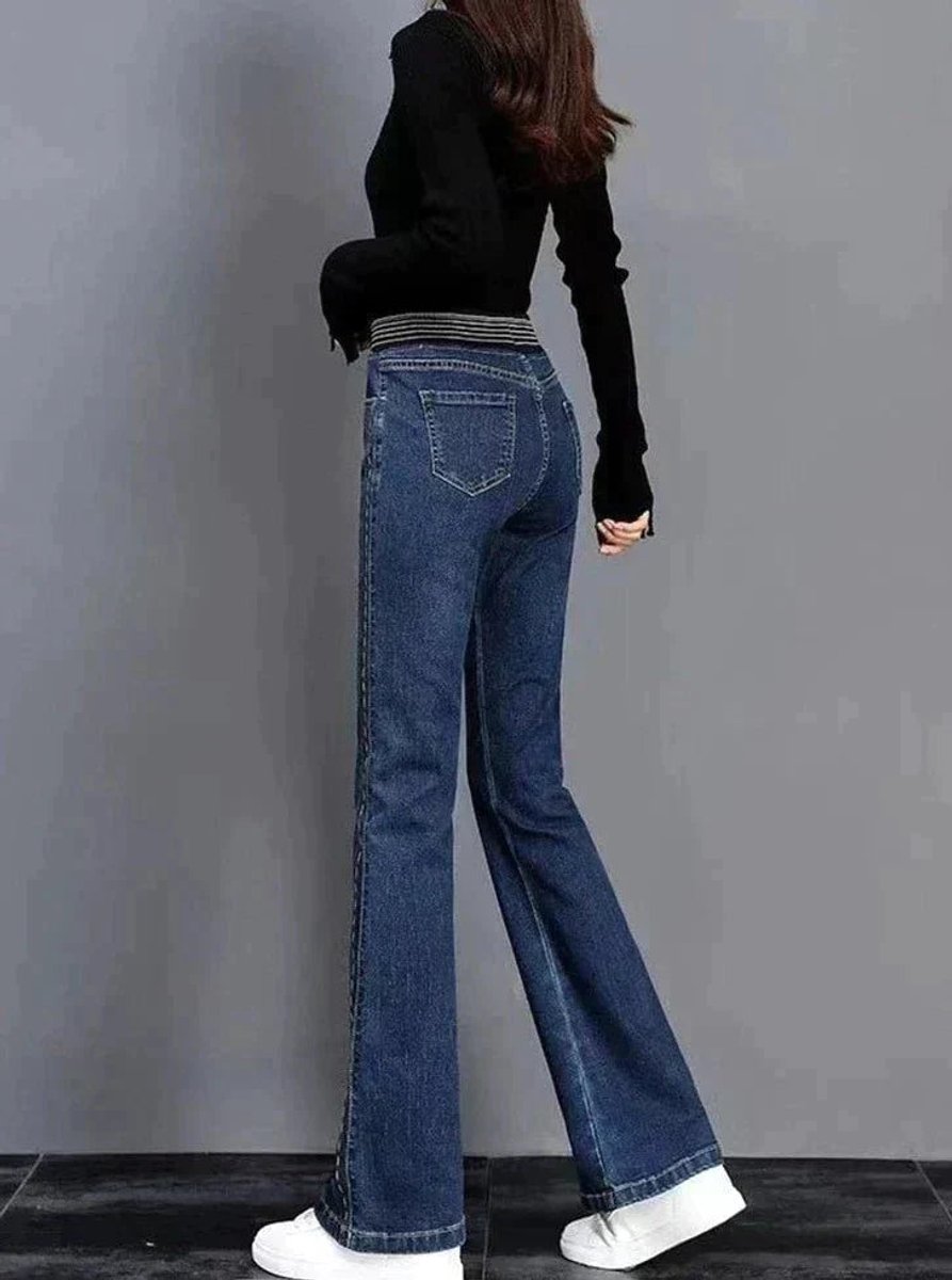 Women's High Waisted Stretch Flare Jeans Vintage Turtleneck Style