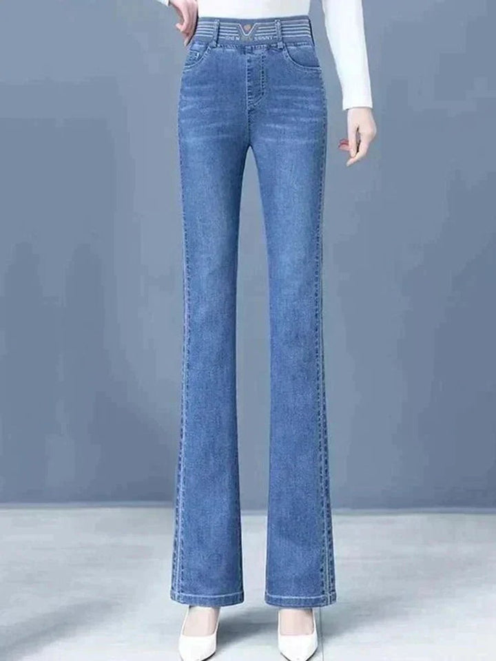 Women's High Waisted Stretch Flare Jeans Vintage Turtleneck Style