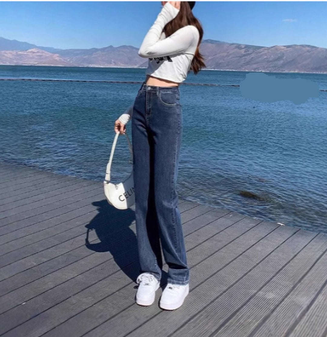 Women's High Waisted Stretch Flare Jeans Vintage Turtleneck Style