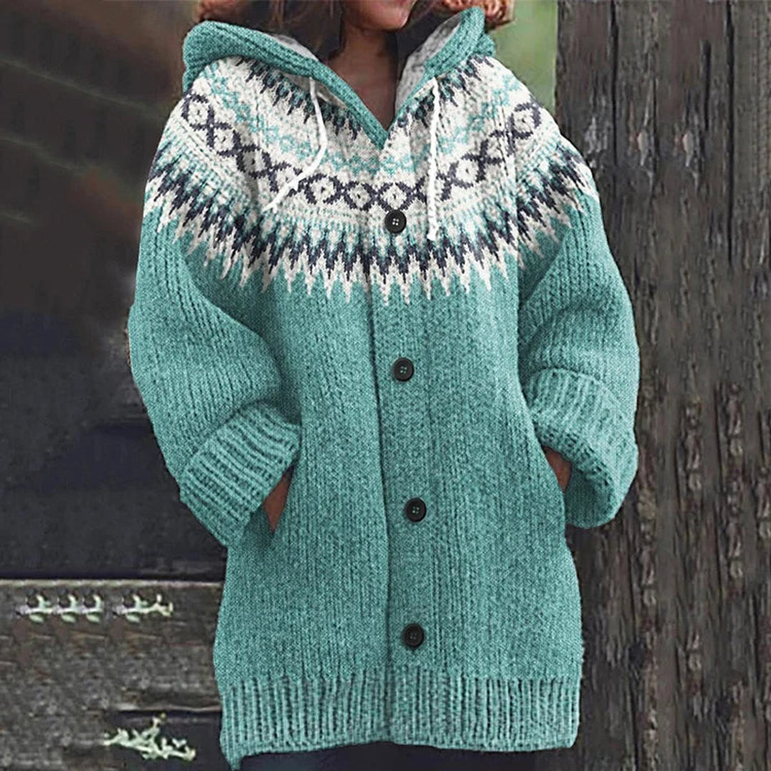 Women's Hooded Button-Front Fair Isle Knit Cardigan
