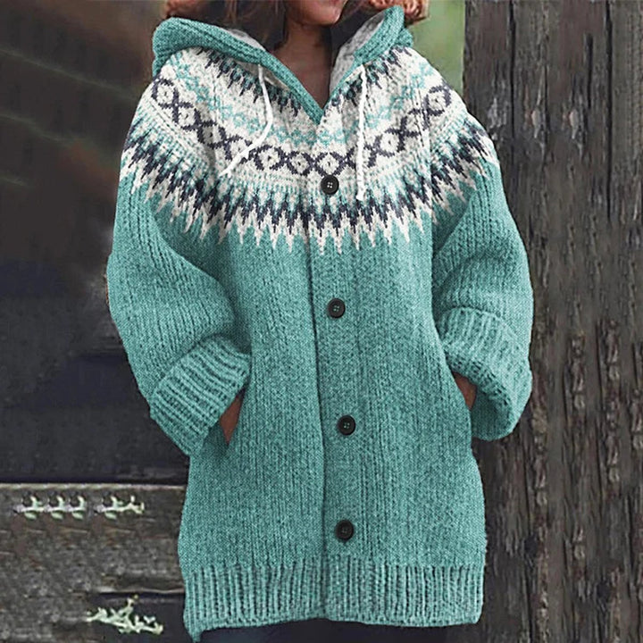 Women's Hooded Button-Front Fair Isle Knit Cardigan