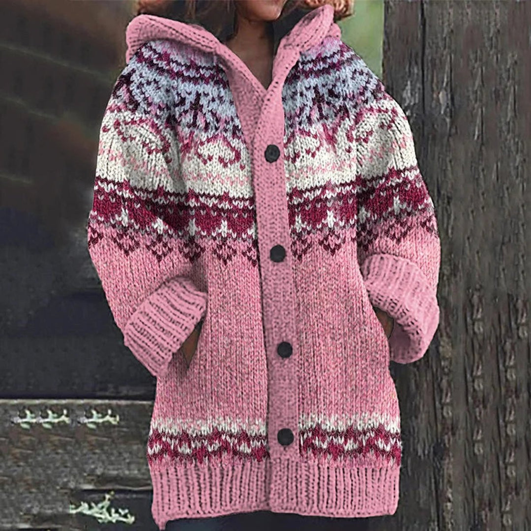 Women's Hooded Button-Front Fair Isle Knit Cardigan