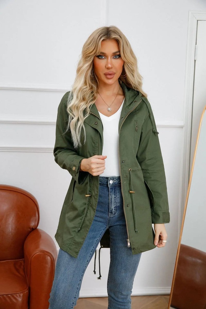 Women's Hooded Drawstring Cotton Utility Trench Coat