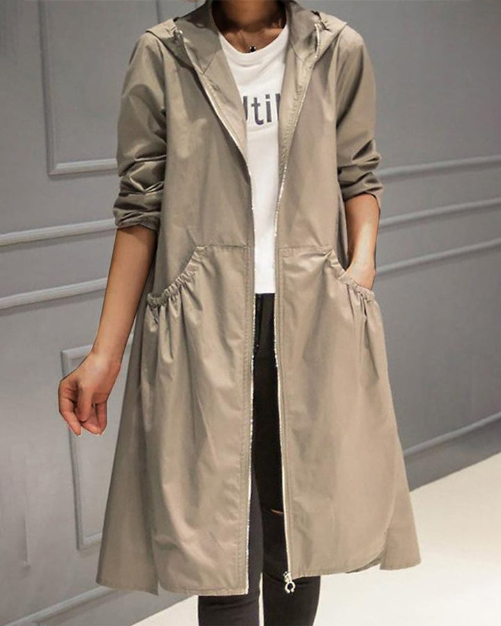Women's Hooded Waterproof Longline A-Line Trench Coat - Khaki