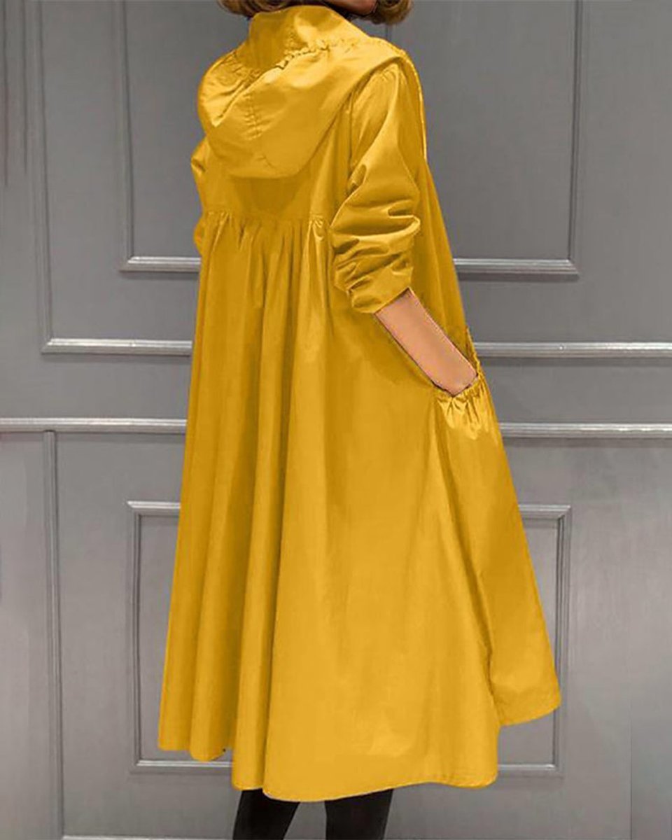 Women's Hooded Waterproof Longline A-Line Trench Coat - Yellow