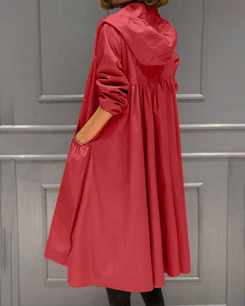 Women's Hooded Waterproof Longline A-Line Trench Coat - Red