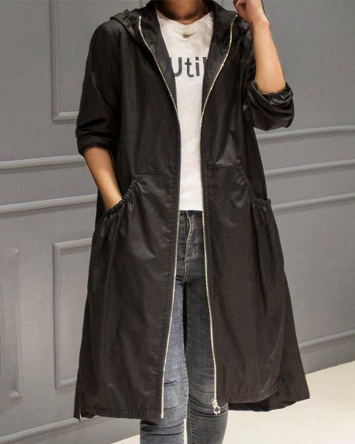 Women's Hooded Waterproof Longline A-Line Trench Coat - Black