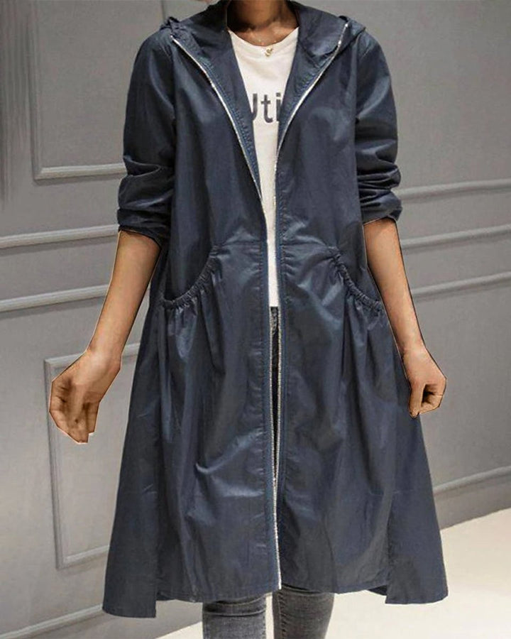 Women's Hooded Waterproof Longline A-Line Trench Coat - Navy Blue