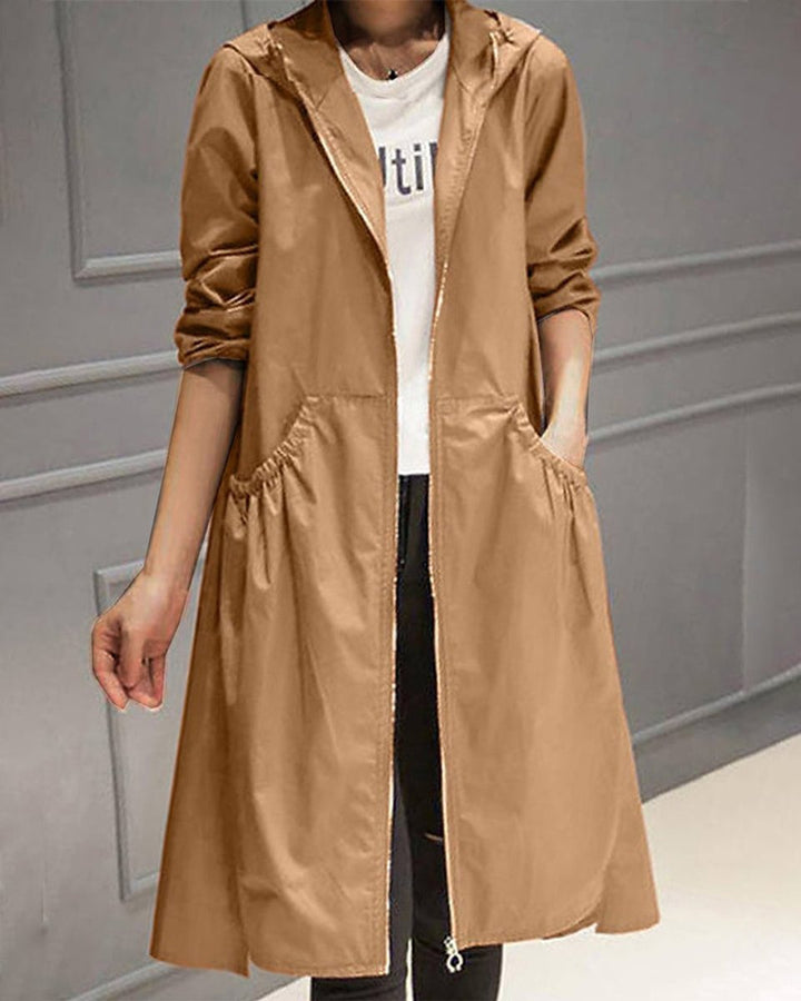 Women's Hooded Waterproof Longline A-Line Trench Coat - Brown