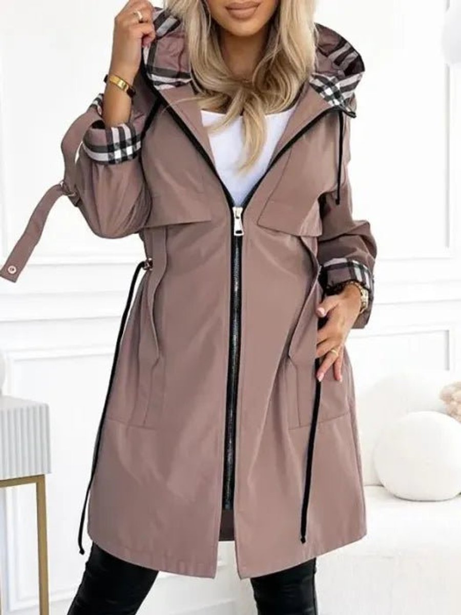 Women's Hooded Waterproof Windproof Zip-Up Midi Trench Coat - Brown