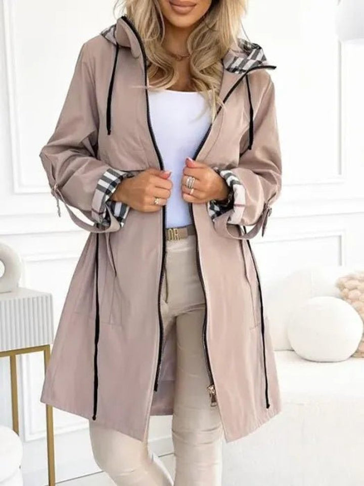 Women's Hooded Waterproof Windproof Zip-Up Midi Trench Coat - Beige
