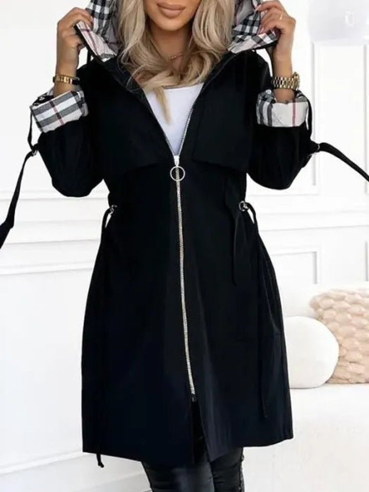 Women's Hooded Waterproof Windproof Zip-Up Midi Trench Coat - Black