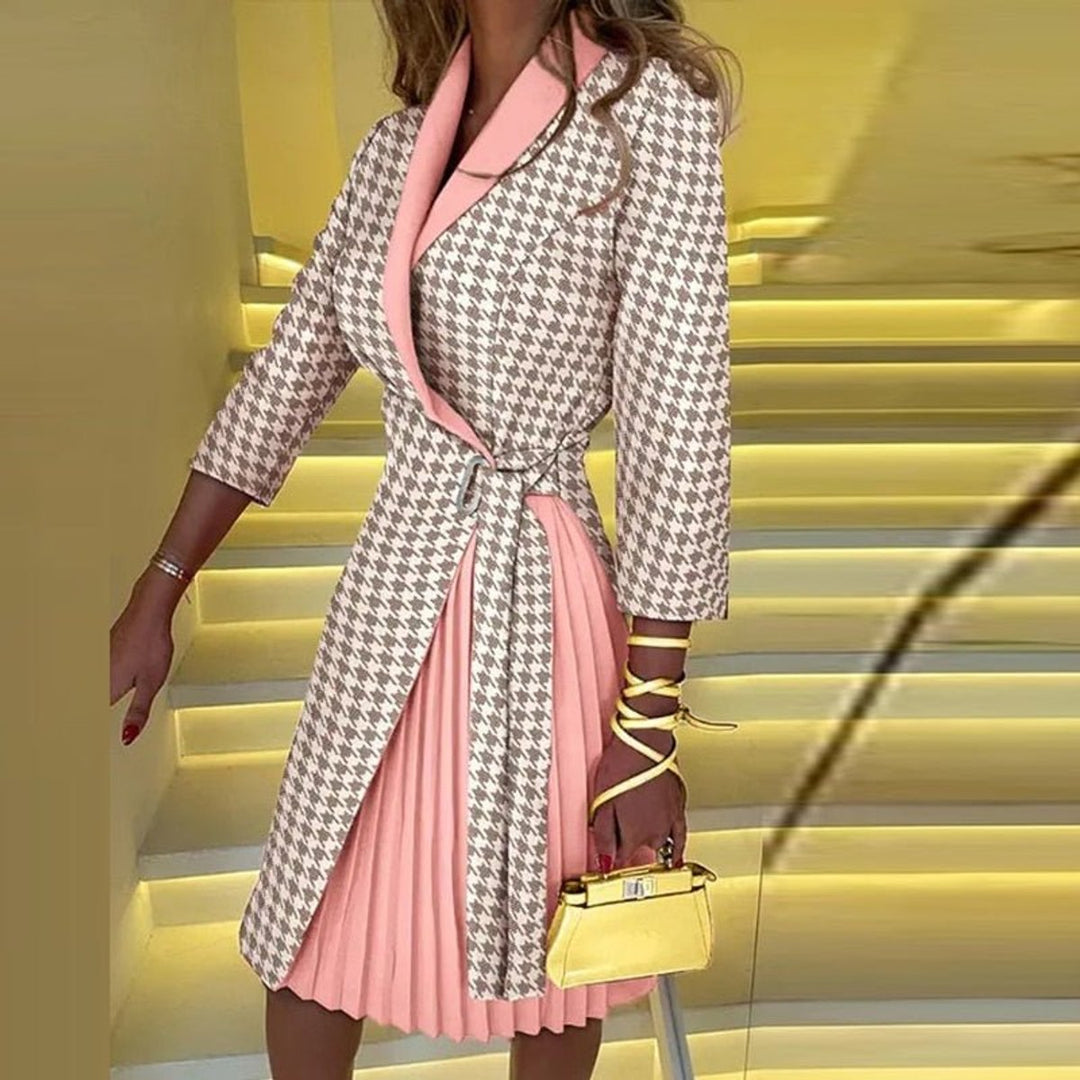 Women's Houndstooth Blazer-Style Pleated Fall Midi Dress