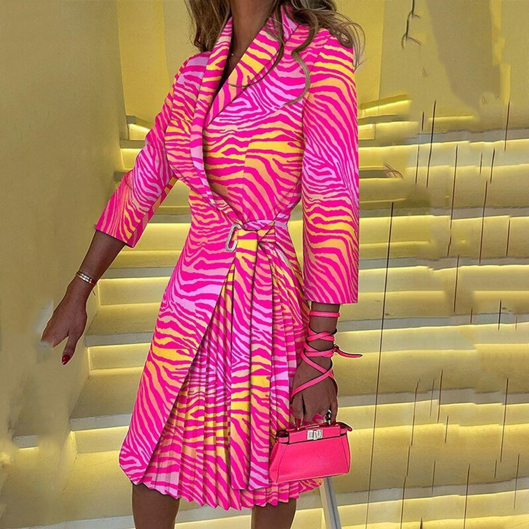 Women's Houndstooth Blazer-Style Pleated Fall Midi Dress