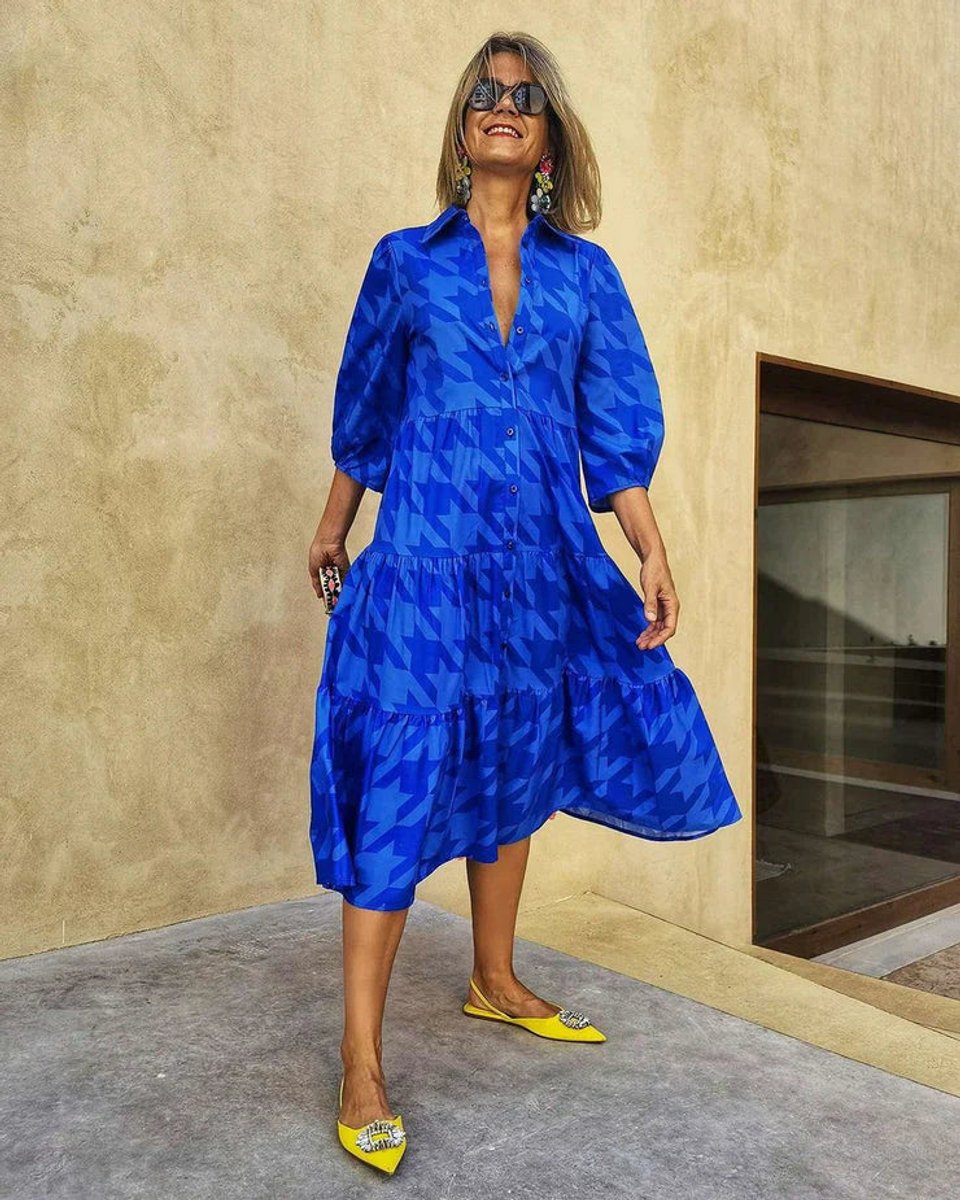 Women's Houndstooth Button-Down Tiered Fall Midi Dress