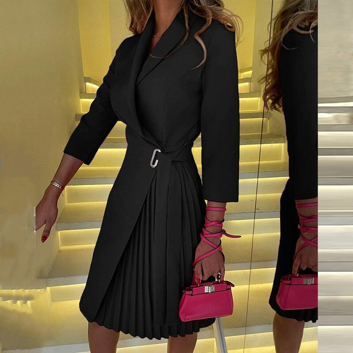 Women's Houndstooth Pleated Blazer Fall Midi Dress Belted