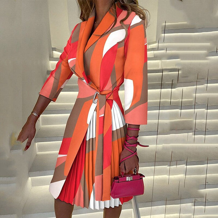 Women's Houndstooth Pleated Blazer Fall Midi Dress Belted