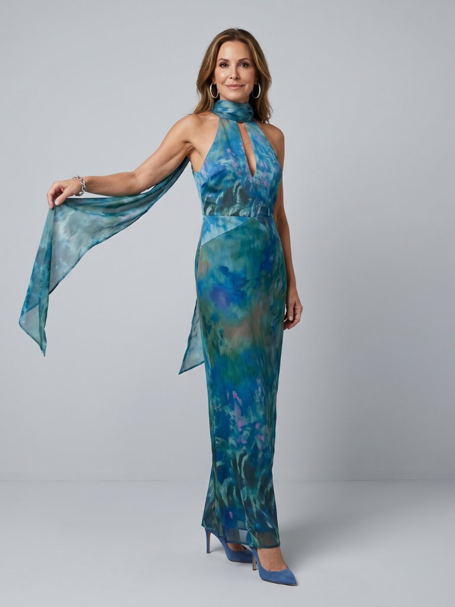 Women's Keyhole Halter Maxi Formal Dress Scarf-Accent Pull-On Gown