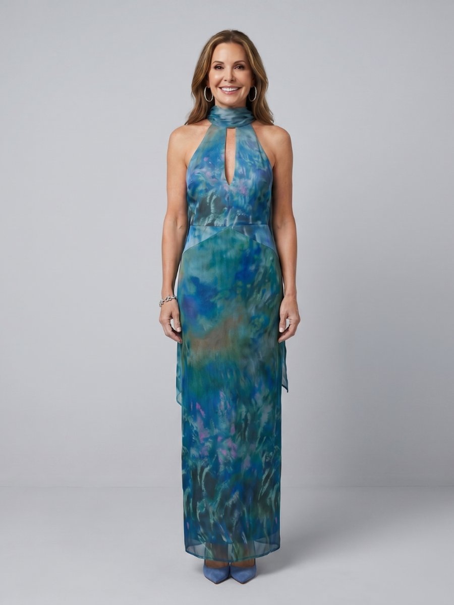 Women's Keyhole Halter Maxi Formal Dress Scarf-Accent Pull-On Gown