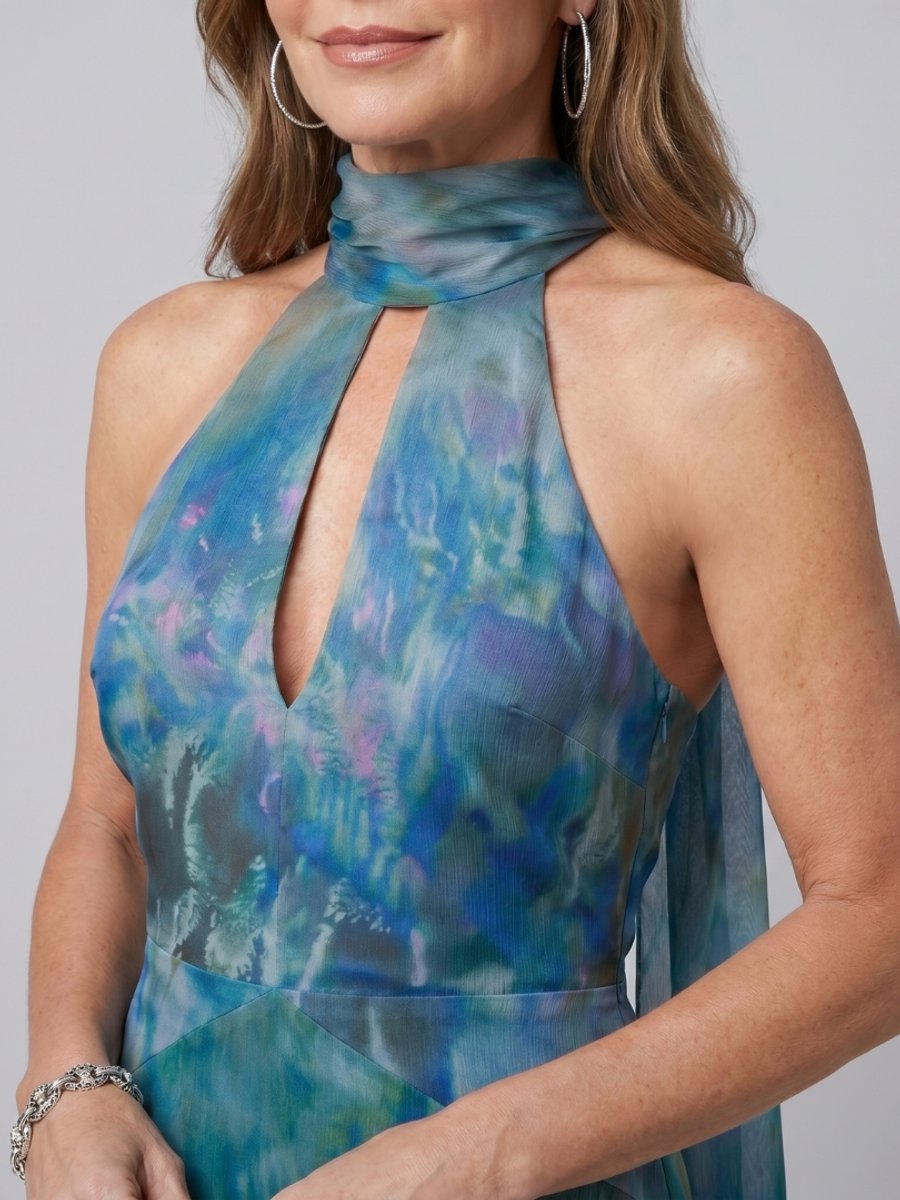 Women's Keyhole Halter Maxi Formal Dress Scarf-Accent Pull-On Gown