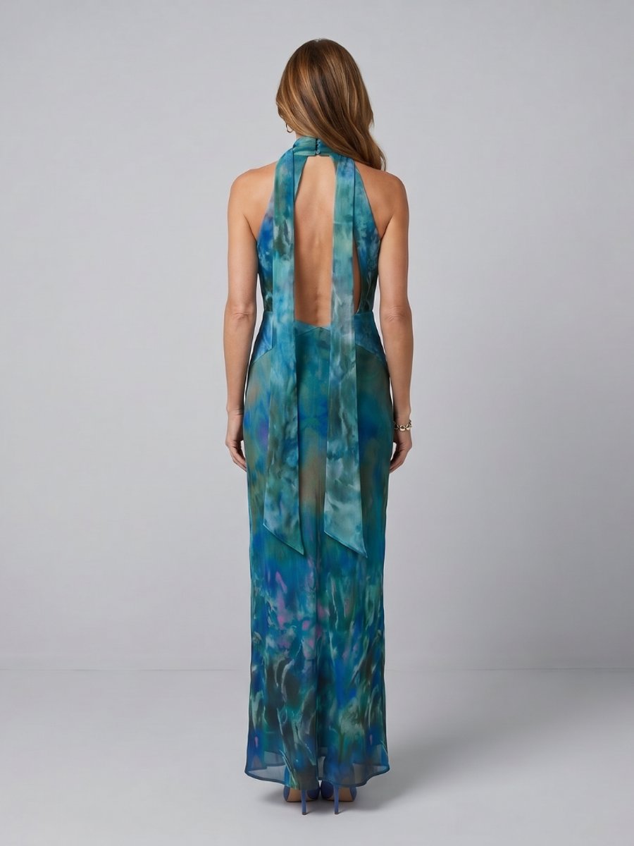 Women's Keyhole Halter Maxi Formal Dress Scarf-Accent Pull-On Gown
