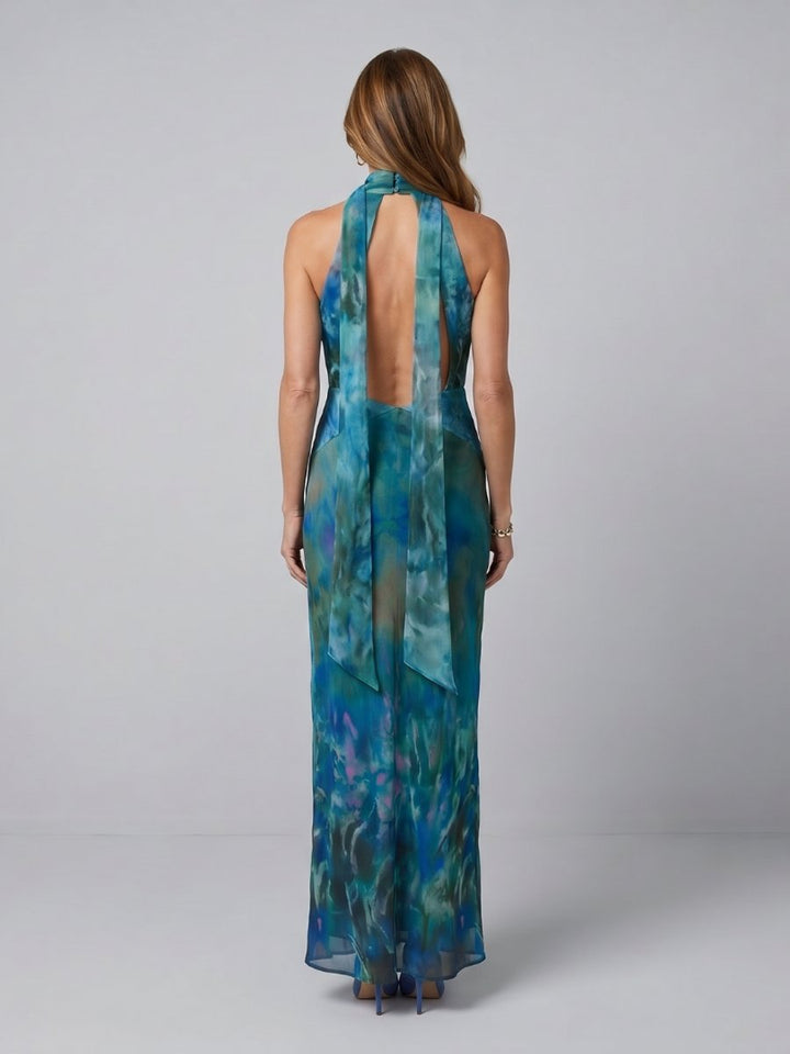 Women's Keyhole Halter Maxi Formal Dress Scarf-Accent Pull-On Gown