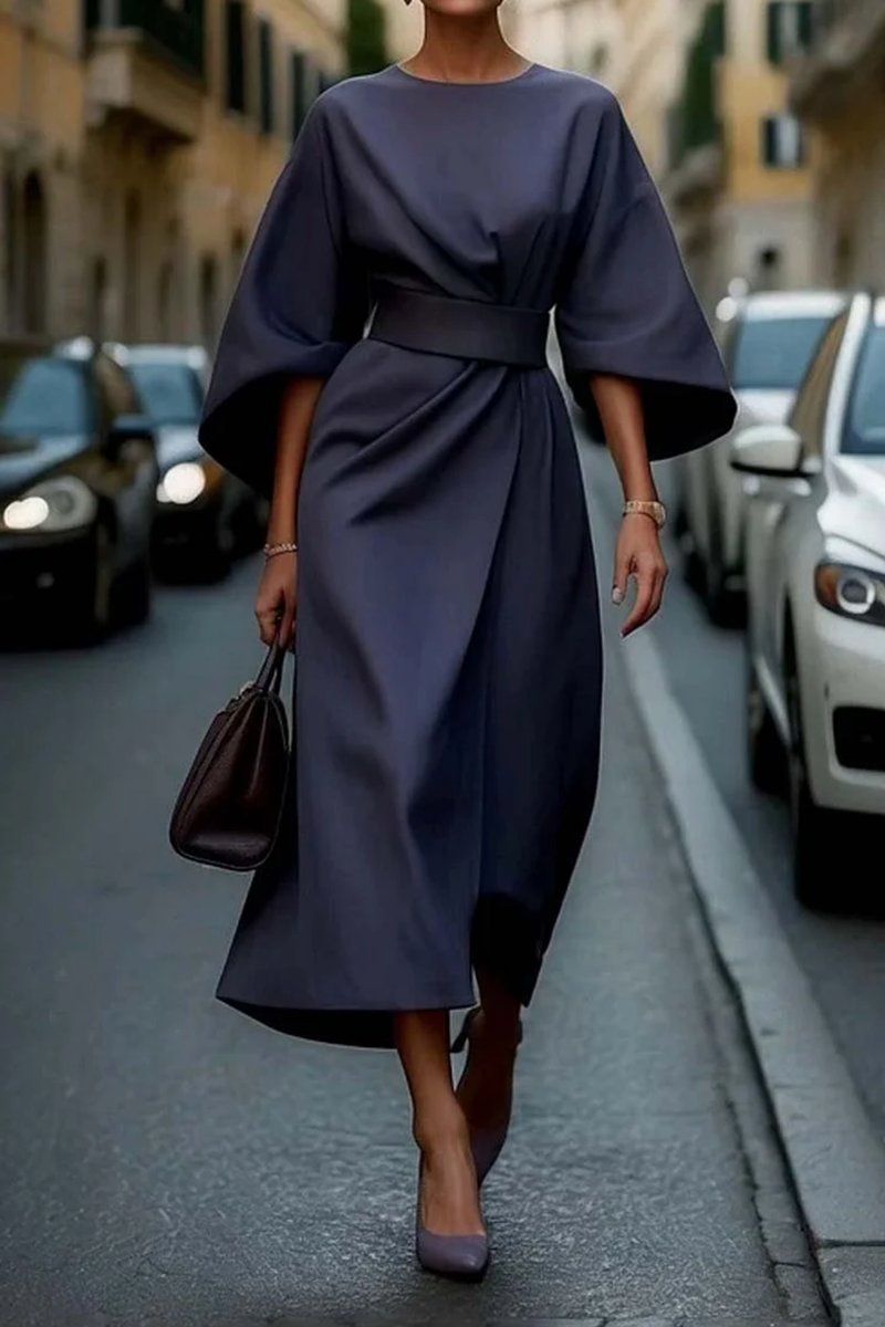 Women's Kimono-Sleeve Belted Midi Formal Dress