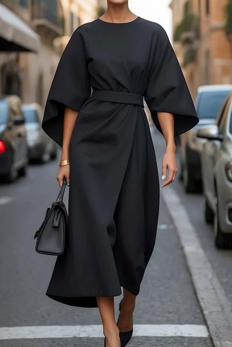 Women's Kimono-Sleeve Belted Midi Formal Dress