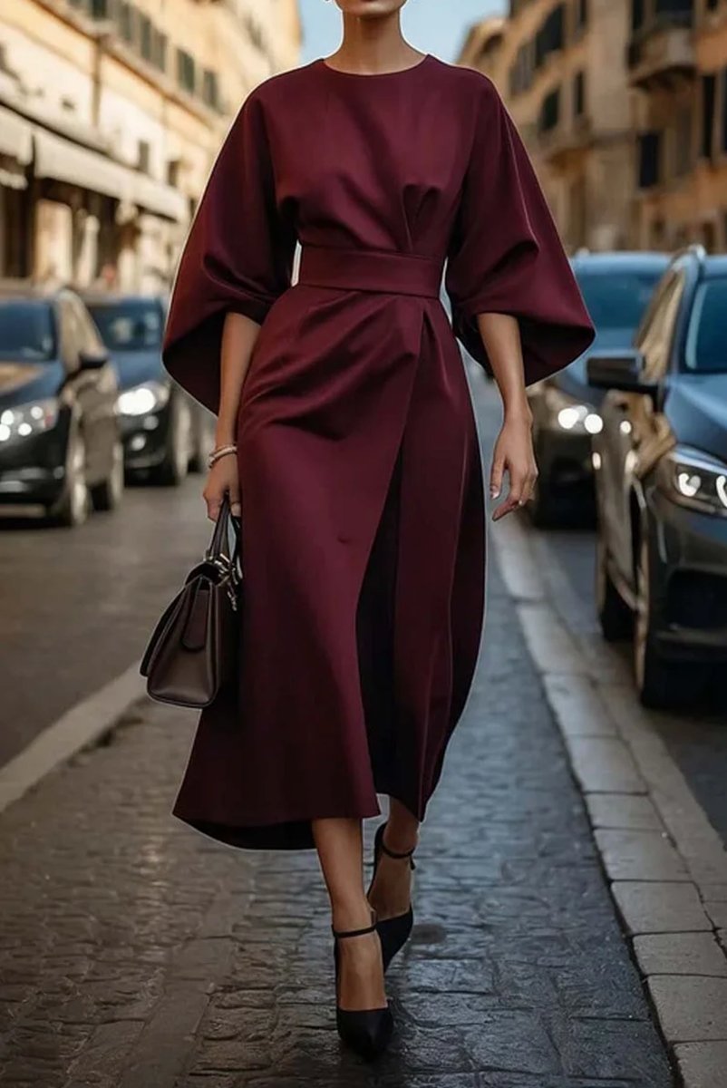 Women's Kimono-Sleeve Belted Midi Formal Dress