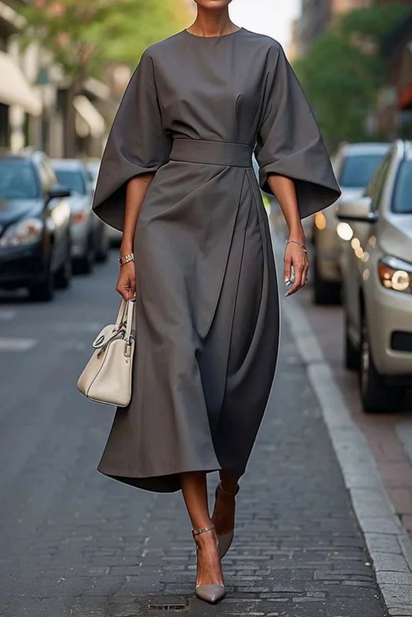 Women's Kimono-Sleeve Belted Midi Formal Dress