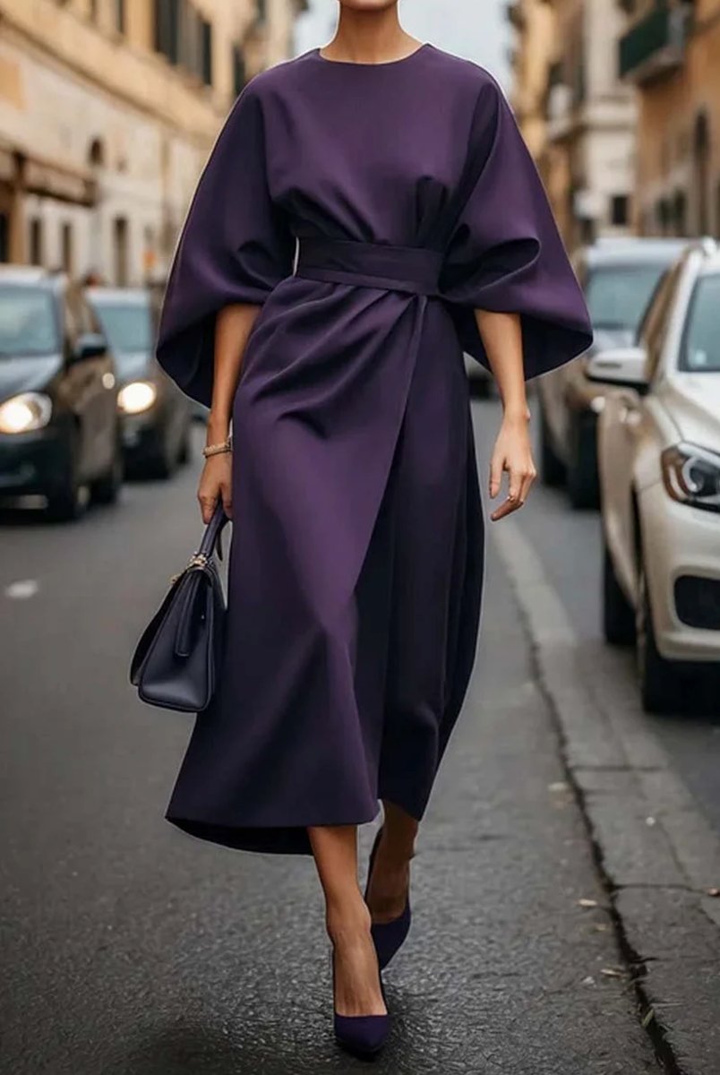 Women's Kimono-Sleeve Belted Midi Formal Dress