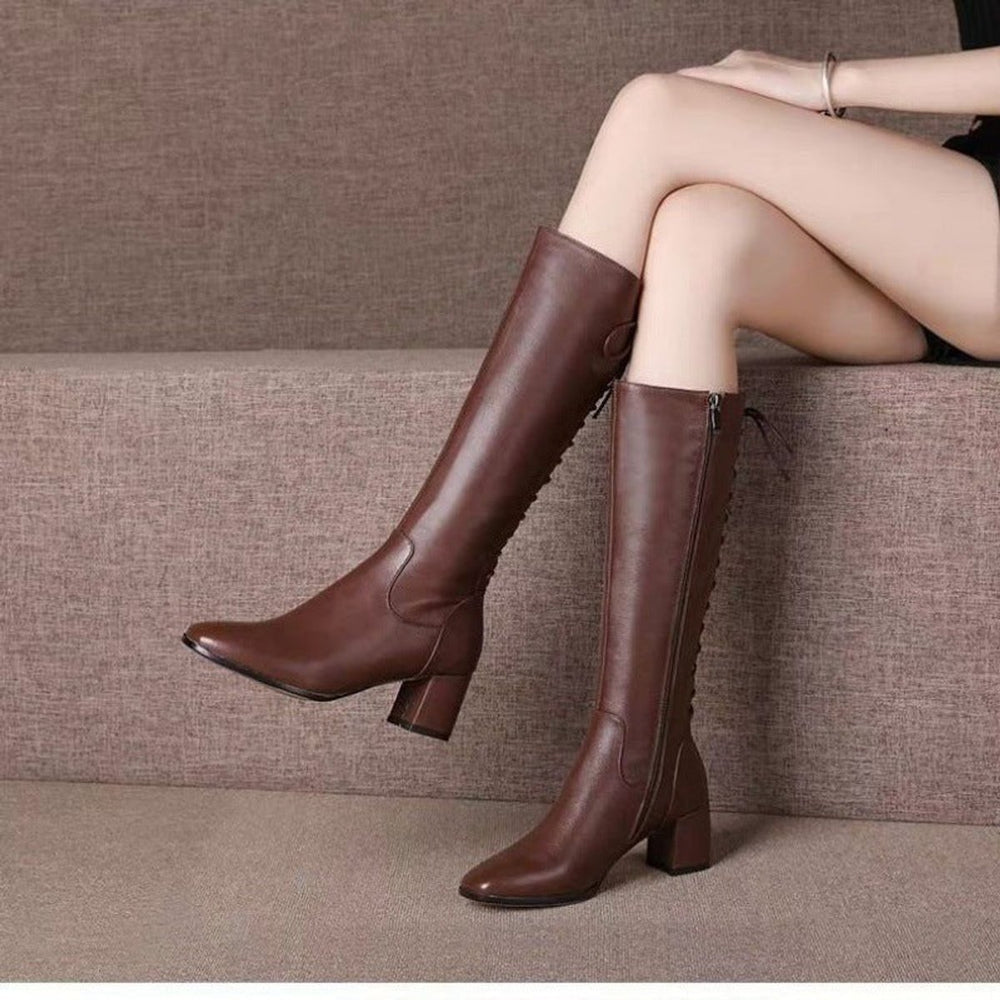 Women's Knee-High Block-Heel Side-Zip Faux Leather Ankle Boots