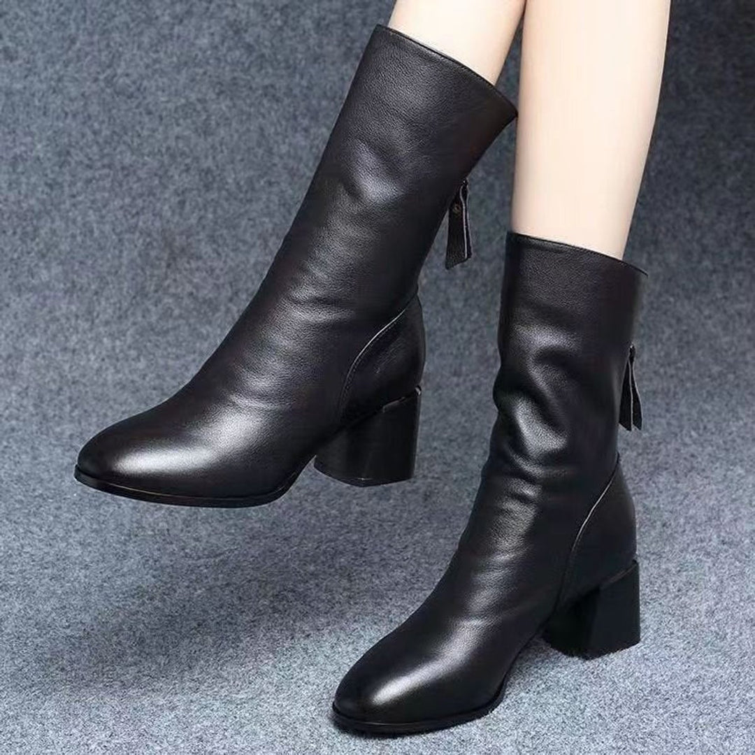 Women's Knee-High Block-Heel Side-Zip Faux Leather Ankle Boots
