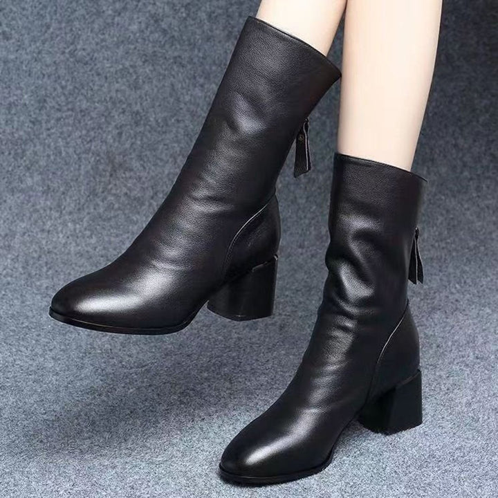 Women's Knee-High Block-Heel Side-Zip Faux Leather Ankle Boots