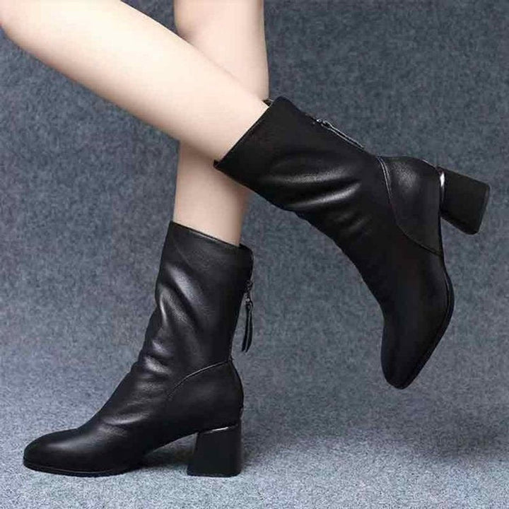 Women's Knee-High Block-Heel Side-Zip Faux Leather Ankle Boots