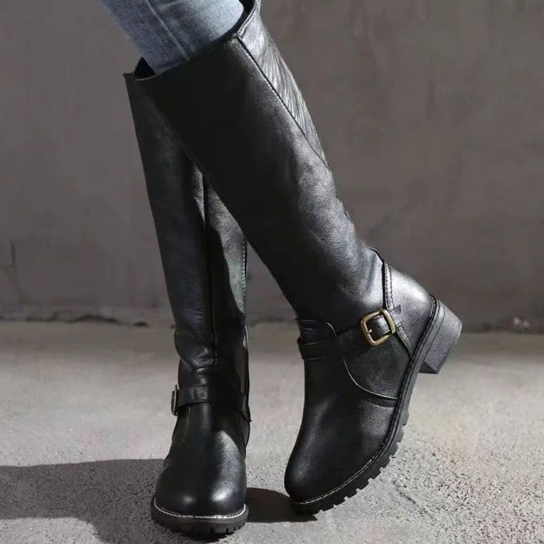 Women's Knee-High Buckle-Strap Riding Leather Boots