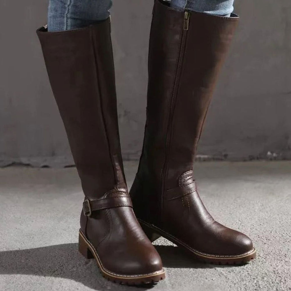 Women's Knee-High Buckle-Strap Riding Leather Boots - Dark Brown