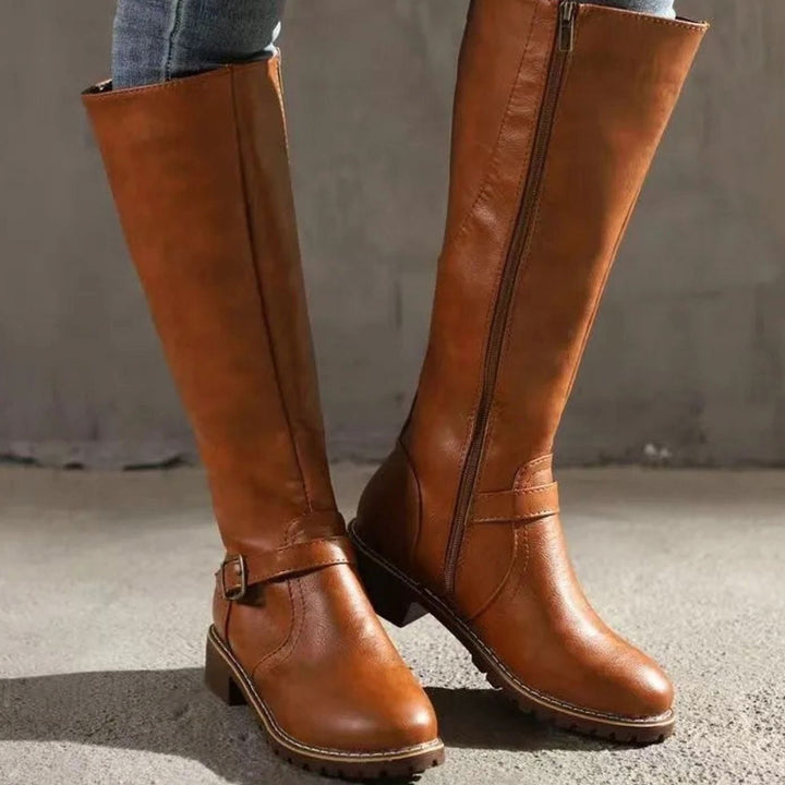 Women's Knee-High Buckle-Strap Riding Leather Boots - Light Brown