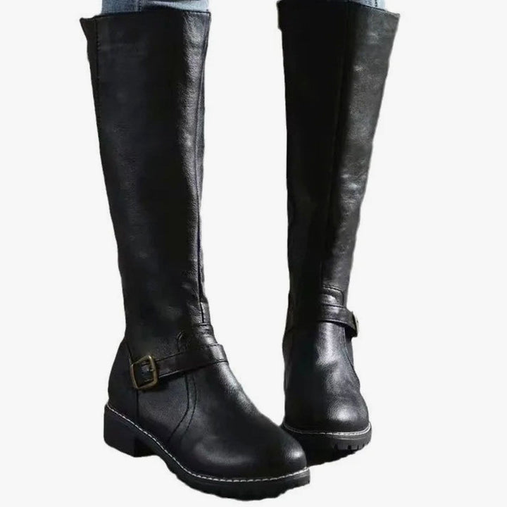 Women's Knee-High Buckle-Strap Riding Leather Boots
