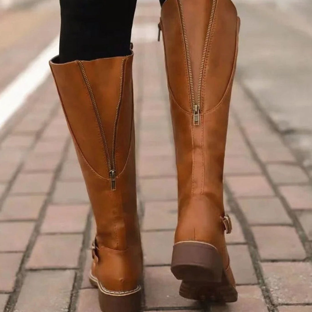 Women's Knee-High Buckle-Strap Riding Leather Boots