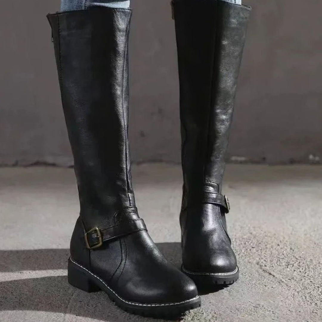 Women's Knee-High Buckle-Strap Riding Leather Boots - Black