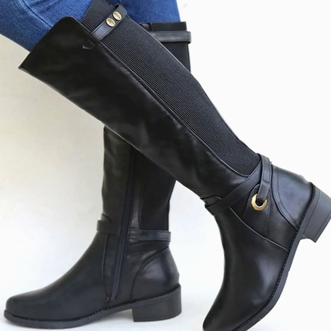 Women's Knee-High Orthopedic Elastic-Panel Leather Boots - Black