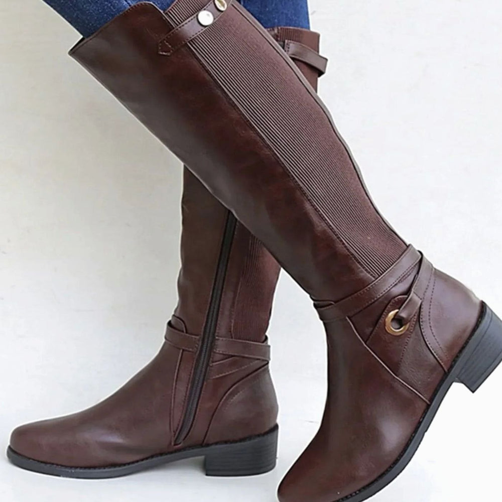 Women's Knee-High Orthopedic Elastic-Panel Leather Boots - Brown