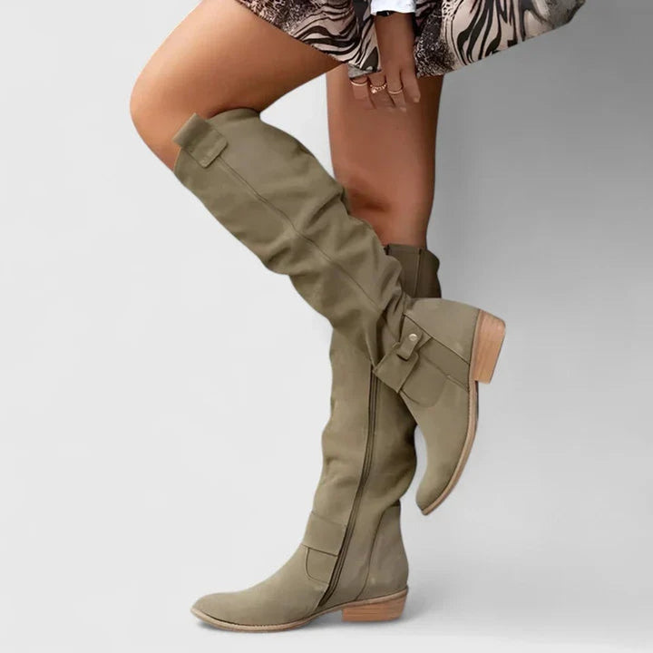 Women's Knee-High Slouchy Block-Heel Western Boots - Dark Green