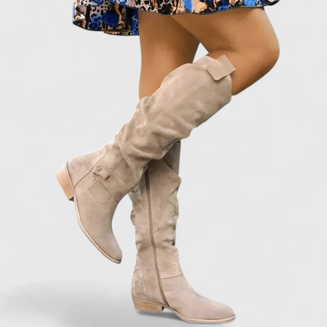 Women's Knee-High Slouchy Block-Heel Western Boots - Beige